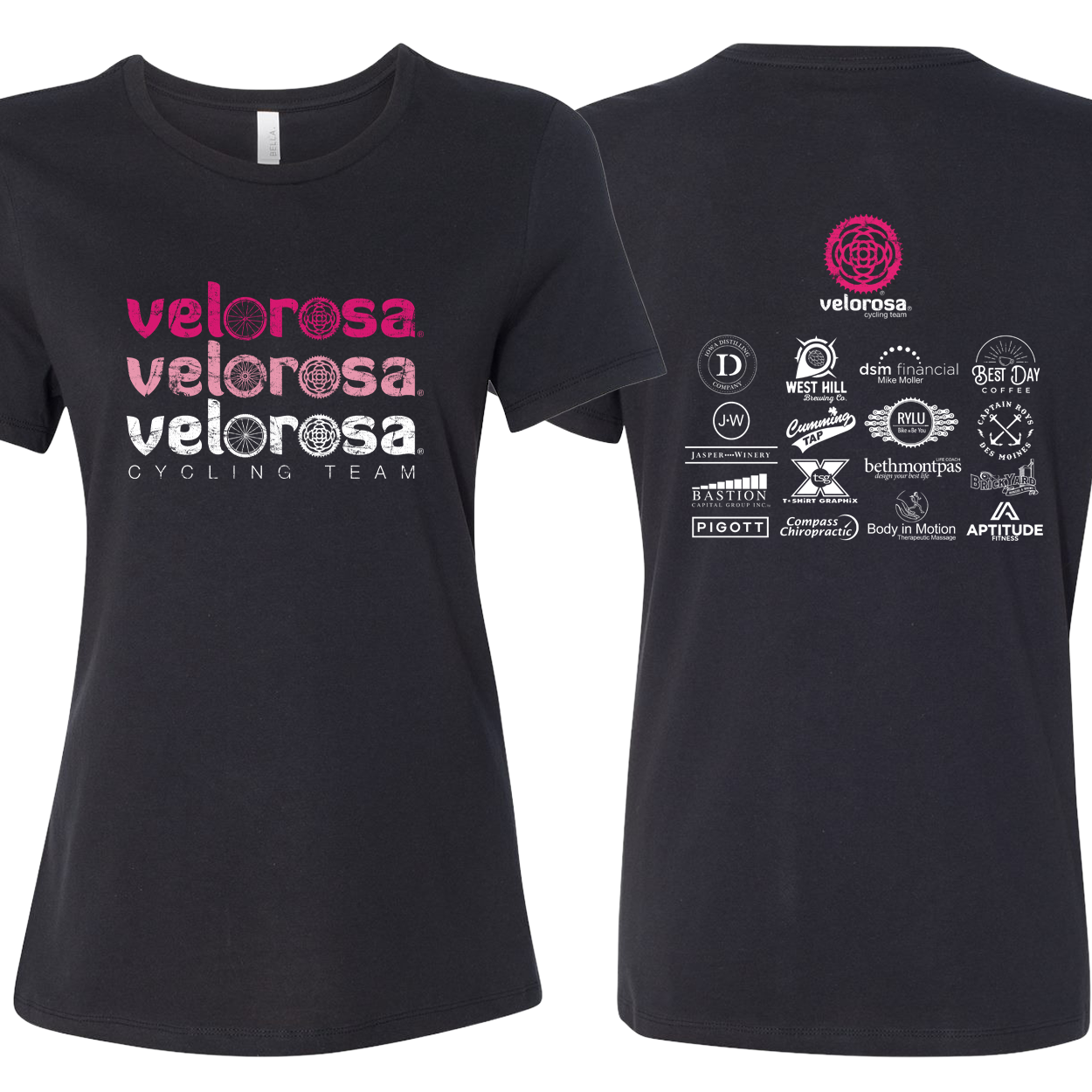 VeloRosa 2C Distressed Full Front, Center Back / Bella + Canvas - Women's Relaxed Jersey Tee
