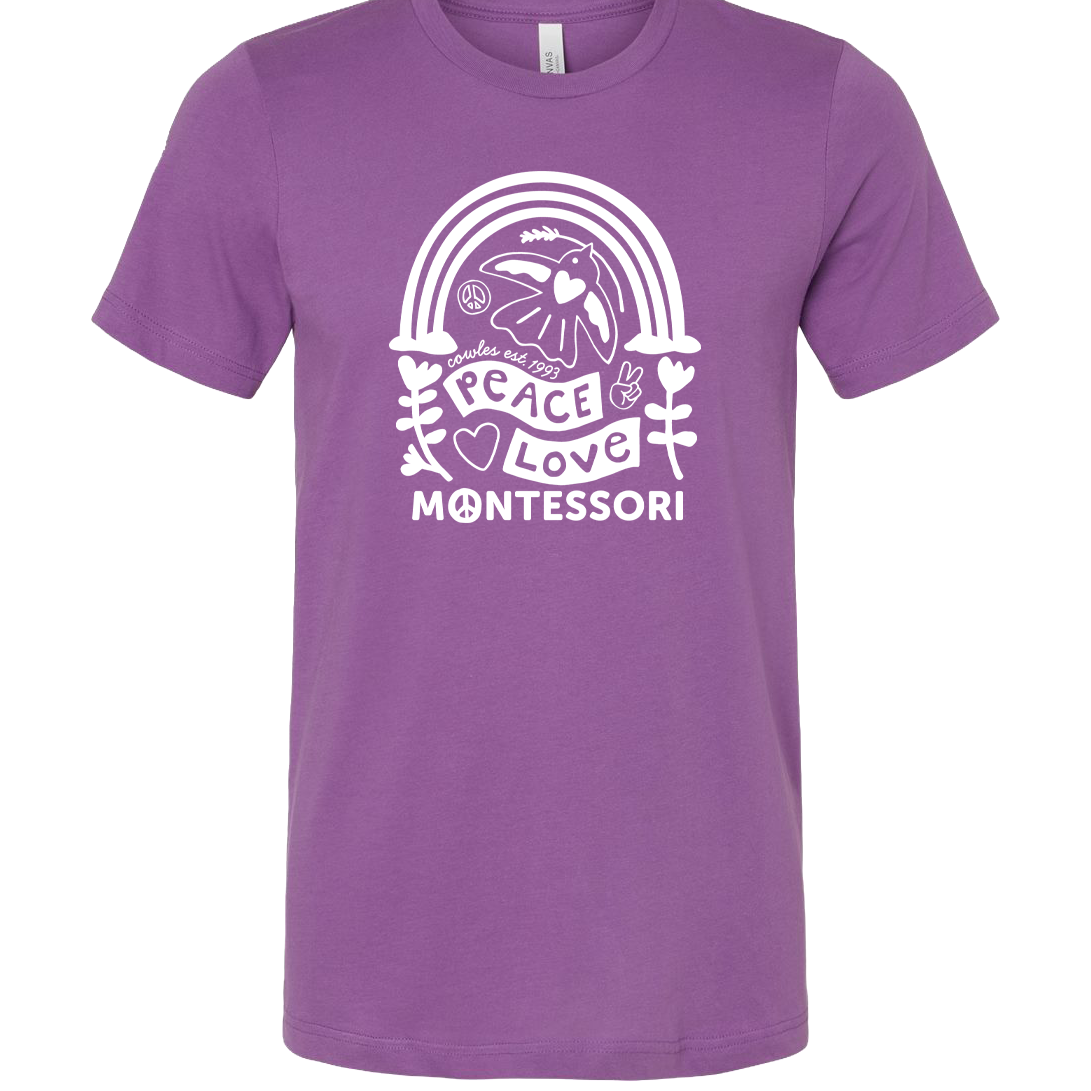 "COWLES MONTESSORI / PEACE-LOVE-RAINBOW" Bella + Canvas Unisex Jersey Tee - 3001