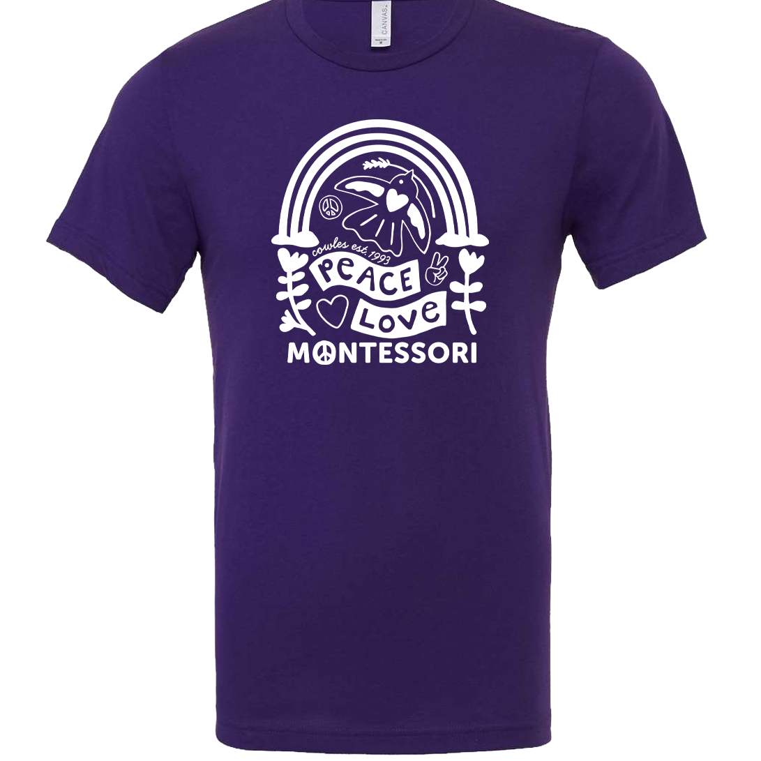 "COWLES MONTESSORI / PEACE-LOVE-RAINBOW" Bella + Canvas Unisex Jersey Tee - 3001