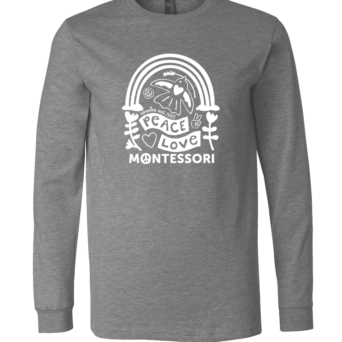 "COWLES MONTESSORI / PEACE-LOVE-RAINBOW" Bella + Canvas Heather Unisex Long Sleeve Tee - 3501
