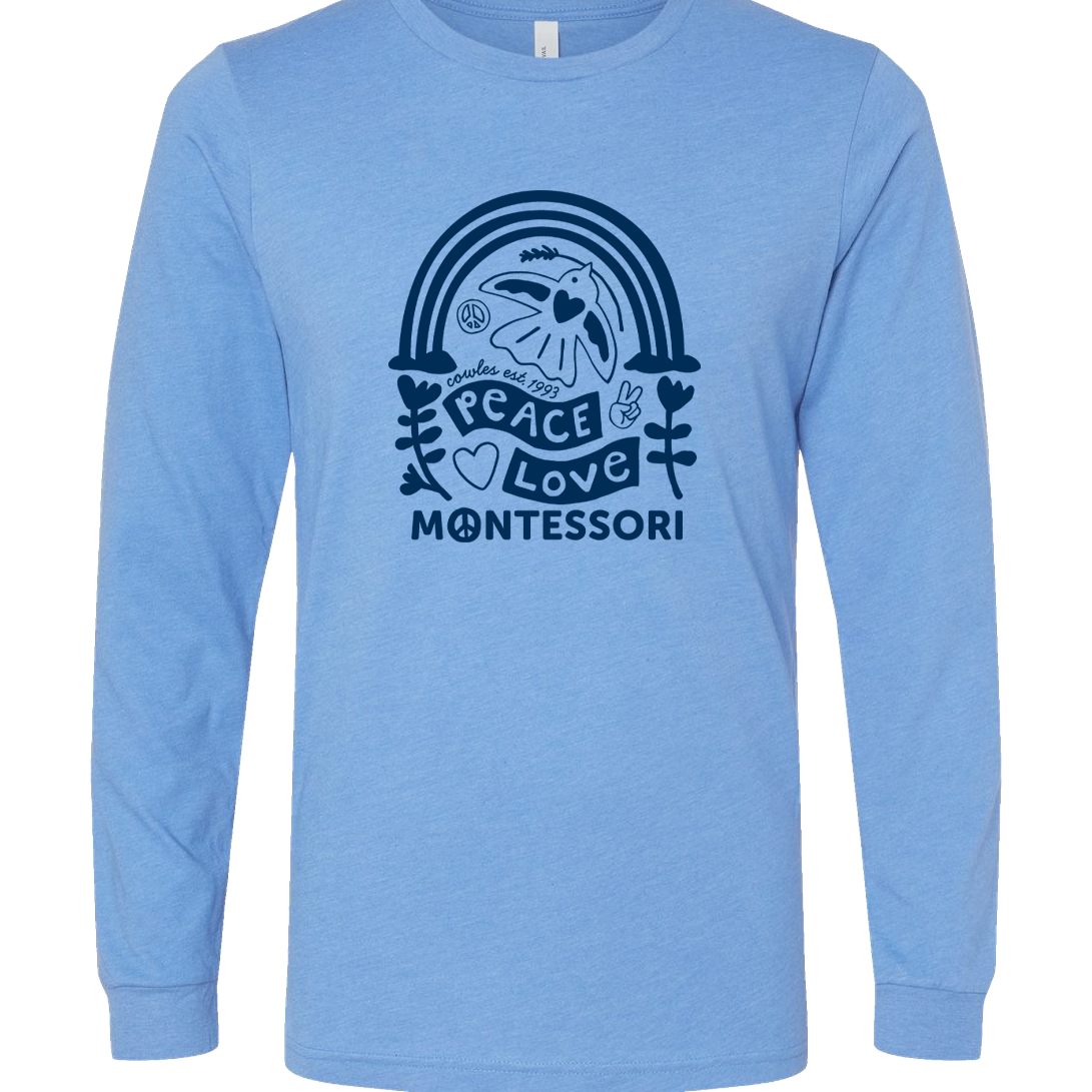 "COWLES MONTESSORI / PEACE-LOVE-RAINBOW" Bella + Canvas Heather Unisex Long Sleeve Tee - 3501