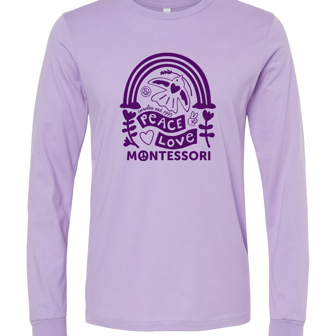 "COWLES MONTESSORI / PEACE-LOVE-RAINBOW" Bella + Canvas Heather Unisex Long Sleeve Tee - 3501