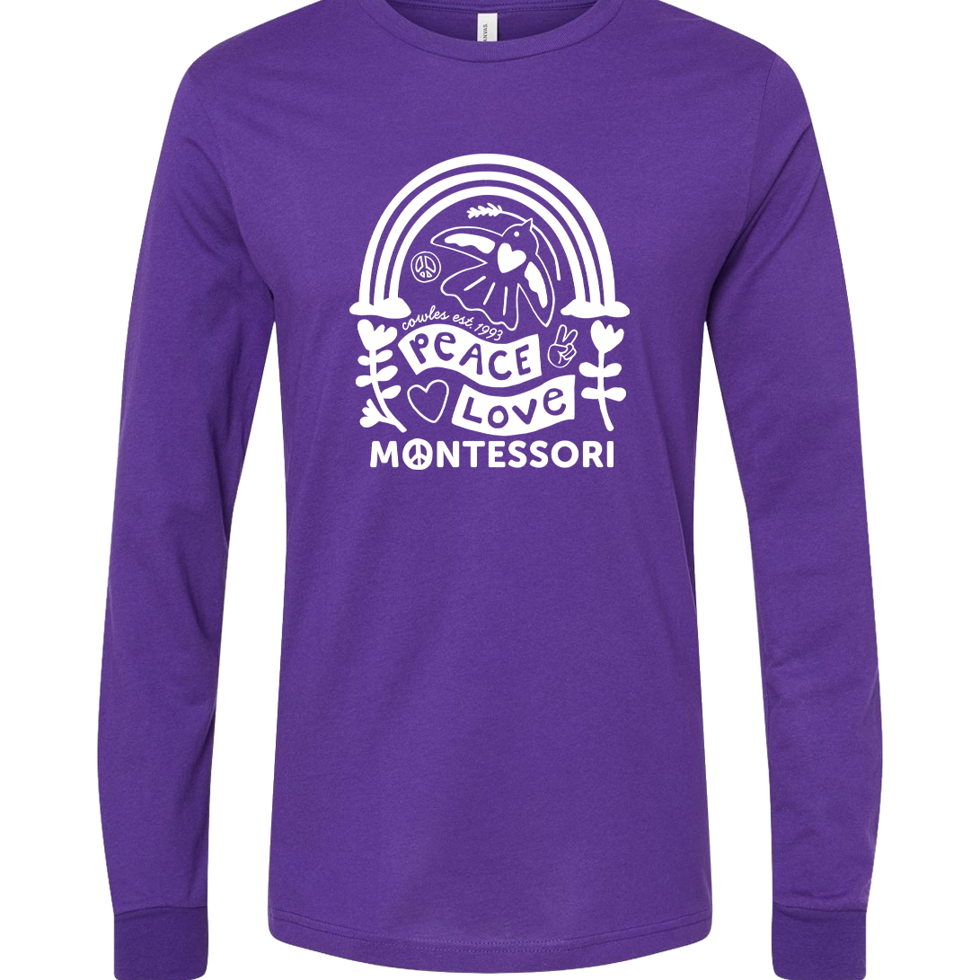"COWLES MONTESSORI / PEACE-LOVE-RAINBOW" Bella + Canvas Heather Unisex Long Sleeve Tee - 3501