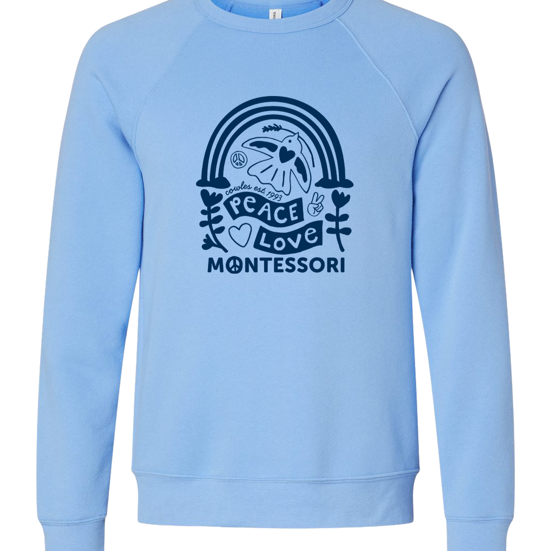 "COWLES MONTESSORI / PEACE-LOVE-RAINBOW" BELLA + CANVAS Unisex Sponge Fleece Raglan Crewneck Sweatshirt - 3901