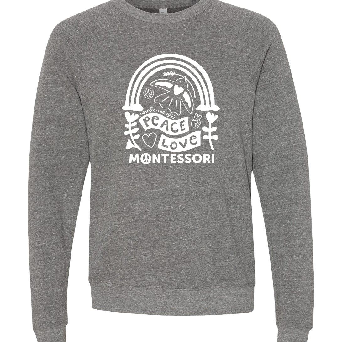 "COWLES MONTESSORI / PEACE-LOVE-RAINBOW" BELLA + CANVAS Unisex Sponge Fleece Raglan Crewneck Sweatshirt - 3901