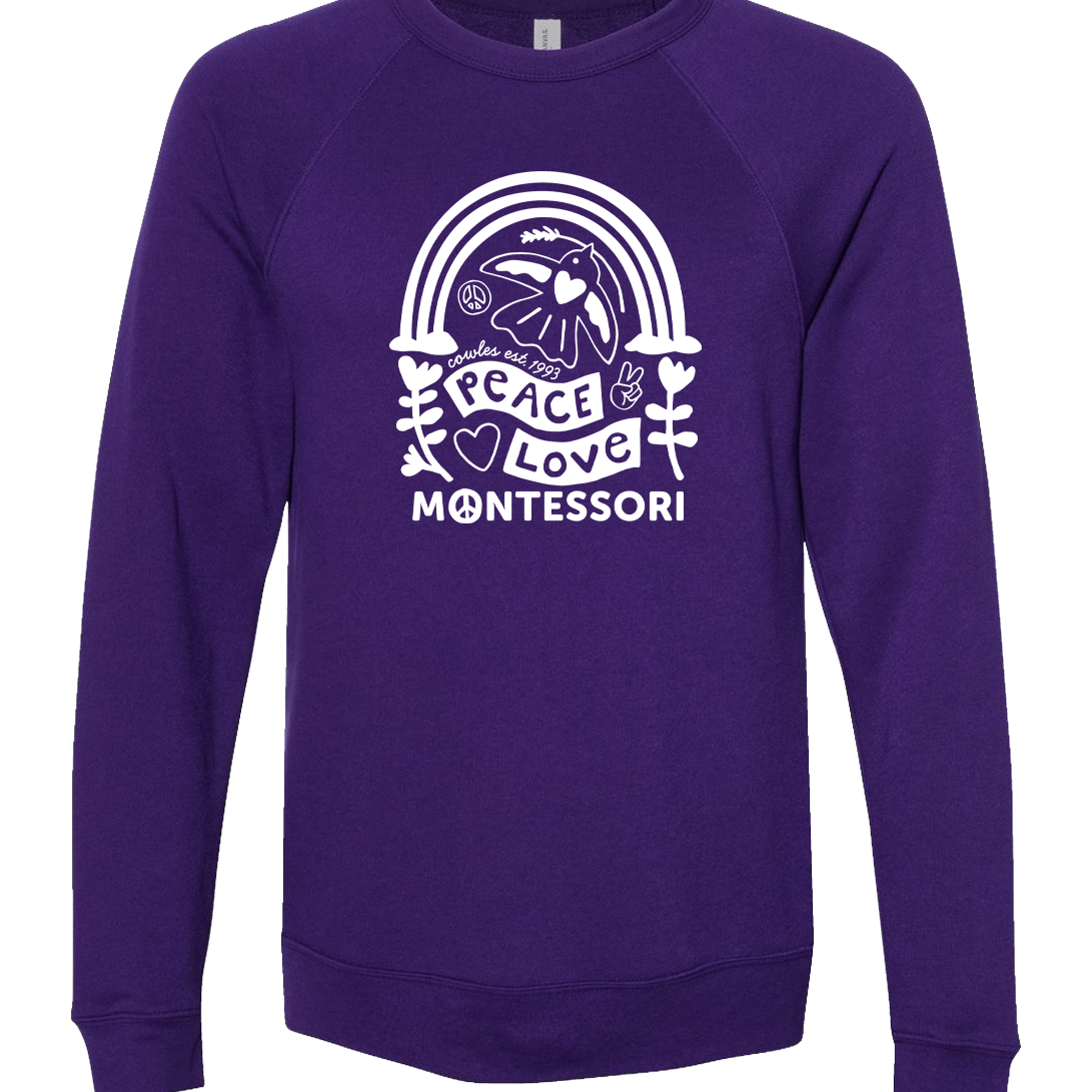 "COWLES MONTESSORI / PEACE-LOVE-RAINBOW" BELLA + CANVAS Unisex Sponge Fleece Raglan Crewneck Sweatshirt - 3901