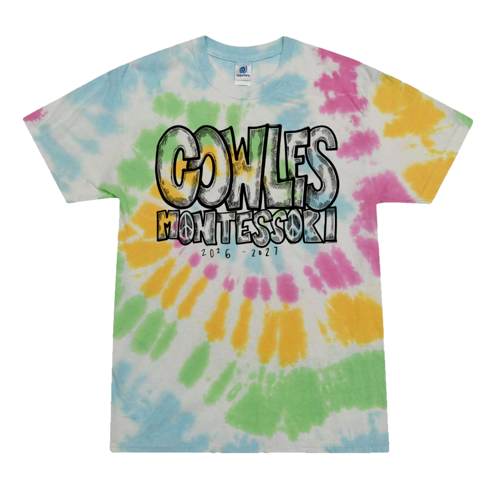 "COWLES MONTESSORI / PEACE-CROSSHATCH-TIE DIE" Colortone Adult Unisex Multi-Color Tie-Dyed T-Shirt - 1000