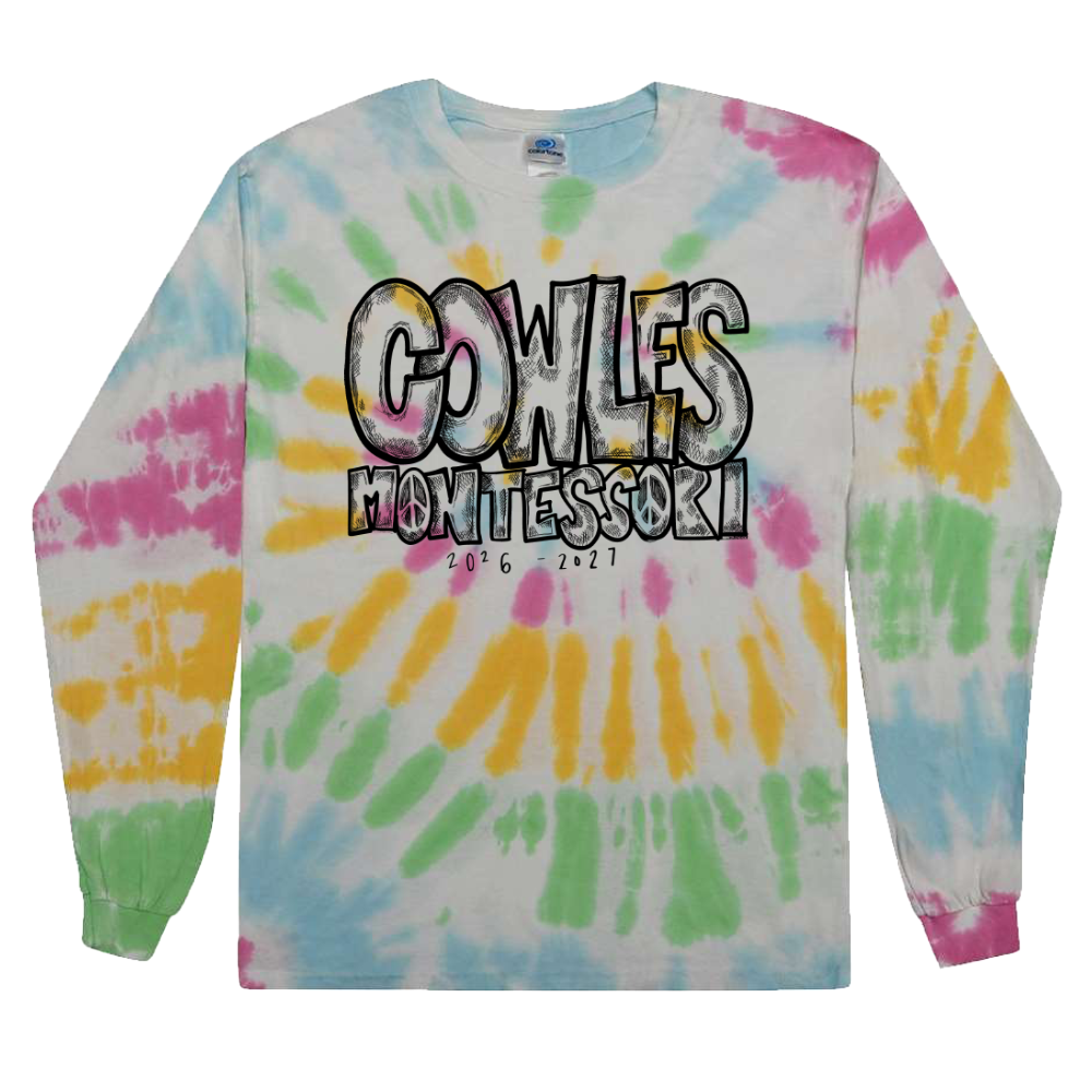 "COWLES MONTESSORI / PEACE-LOVE-RAINBOW" Colortone Adult Unisex Tie-Dyed Long Sleeve T-Shirt - 2000