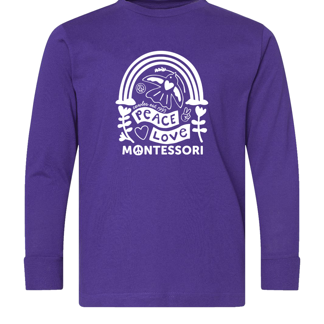 "COWLES MONTESSORI / PEACE-LOVE-RAINBOW" LAT Youth Fine Jersey Long Sleeve Tee - 6201