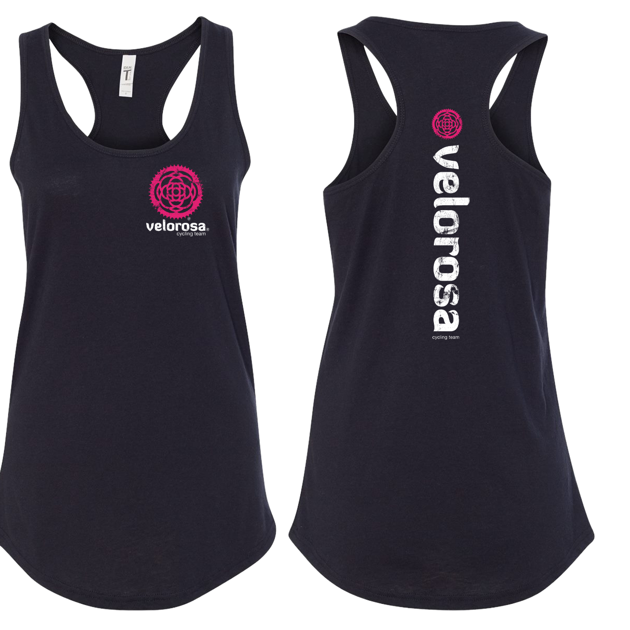 VeloRosa 2C Distressed Left Chest, Center Back / Next Level - Women's Ideal Racerback Tank
