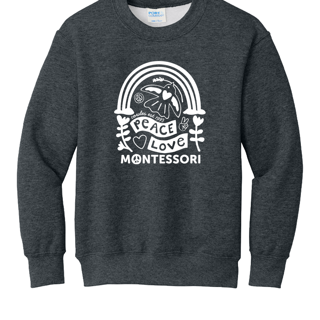 "COWLES MONTESSORI / PEACE-LOVE-RAINBOW" Port & Co® Youth Core Fleece Crewneck Sweatshirt. PC78Y