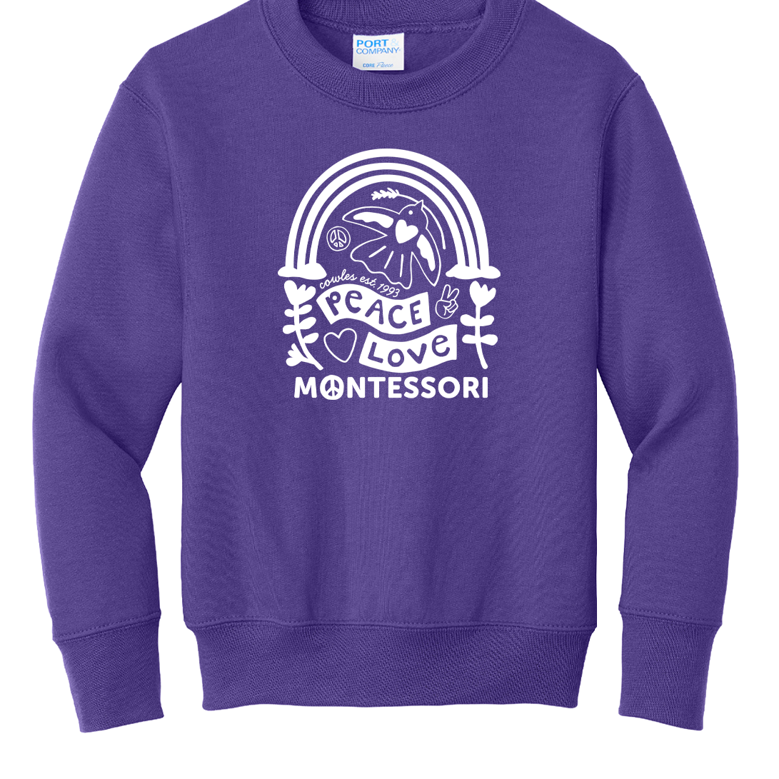 "COWLES MONTESSORI / PEACE-LOVE-RAINBOW" Port & Co® Youth Core Fleece Crewneck Sweatshirt. PC78Y