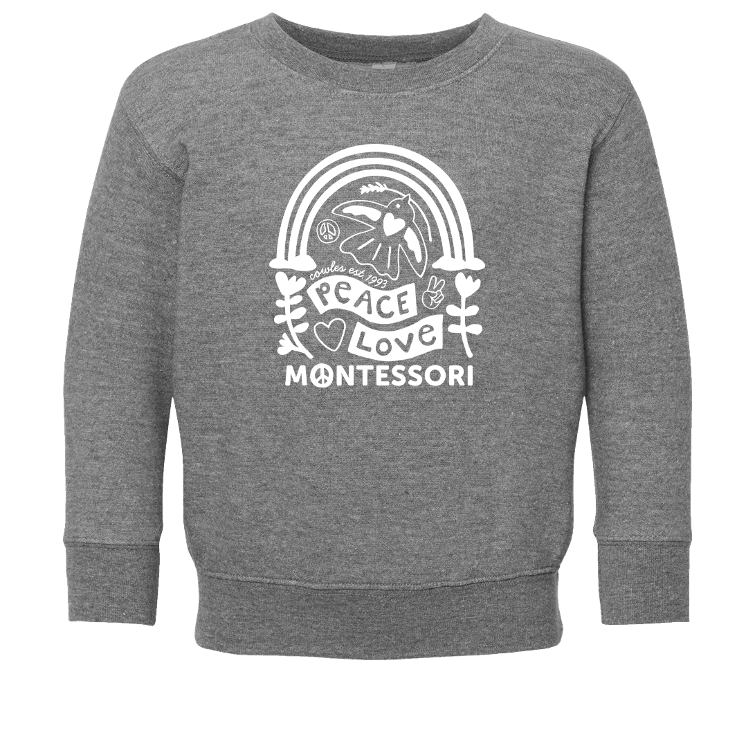 "COWLES MONTESSORI / PEACE-LOVE-RAINBOW" Rabbit Skins Toddler Fleece Crewneck Sweatshirt - 3317