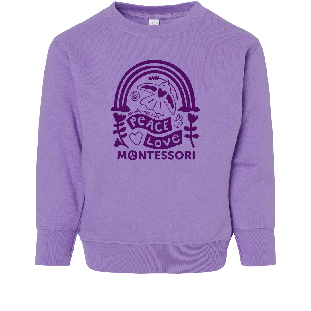 "COWLES MONTESSORI / PEACE-LOVE-RAINBOW" Rabbit Skins Toddler Fleece Crewneck Sweatshirt - 3317
