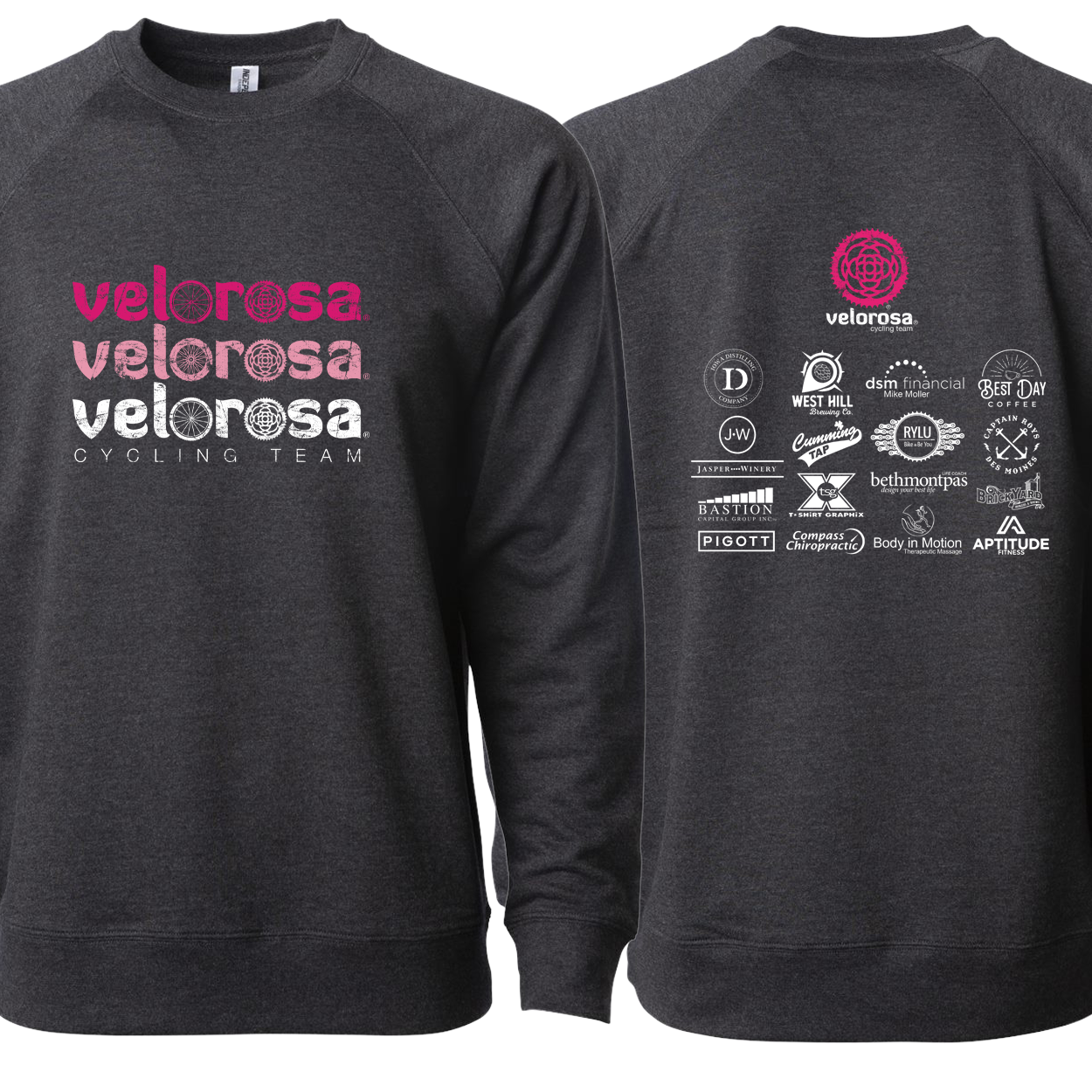 VeloRosa 2C Distressed Full Front, Center Back / Independent Trading Co. - Unisex Lightweight Crewneck Sweatshirt