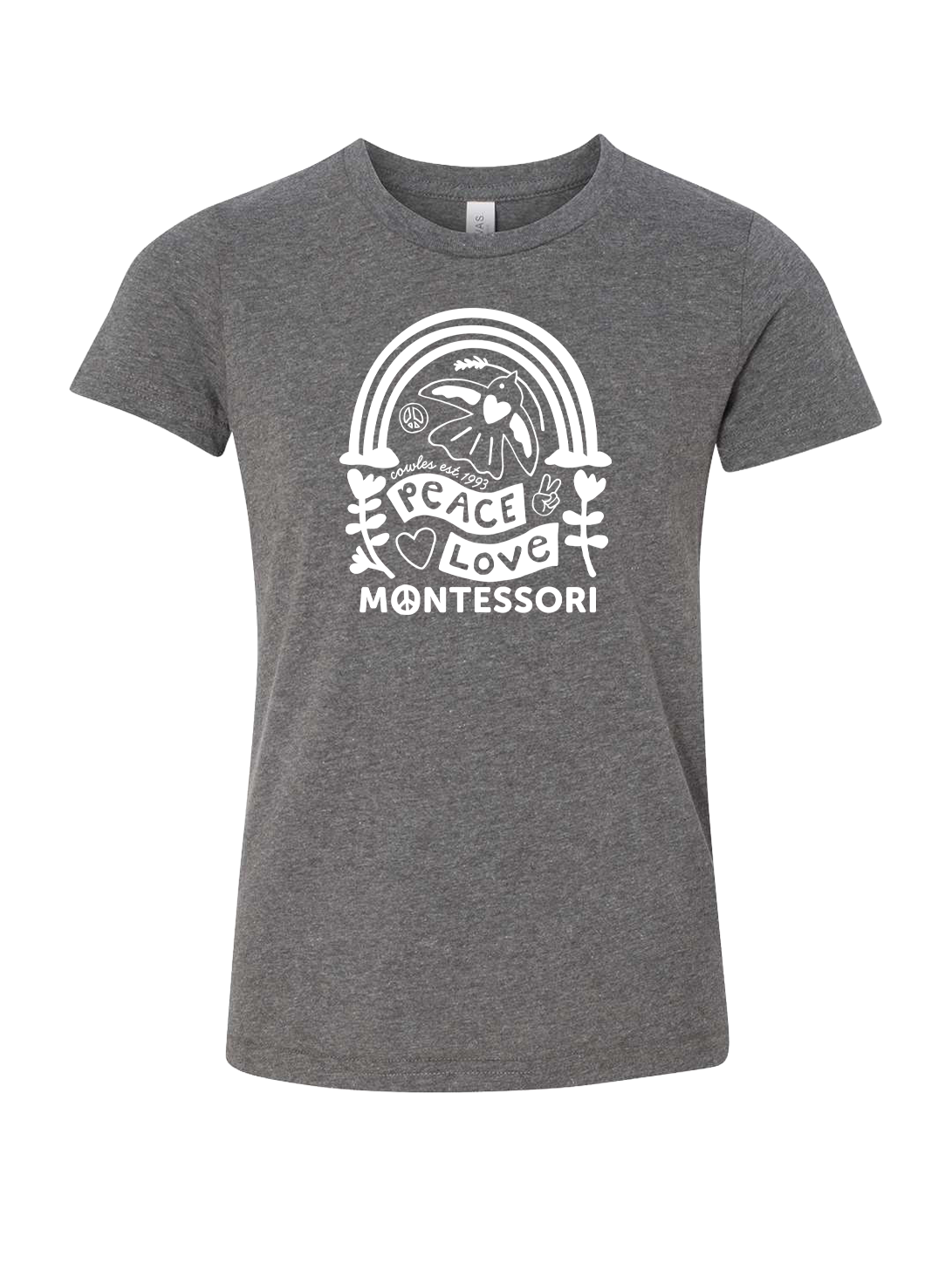 "COWLES MONTESSORI / PEACE-LOVE-RAINBOW" Bella + Canvas Youth Jersey Tee - 3001Y