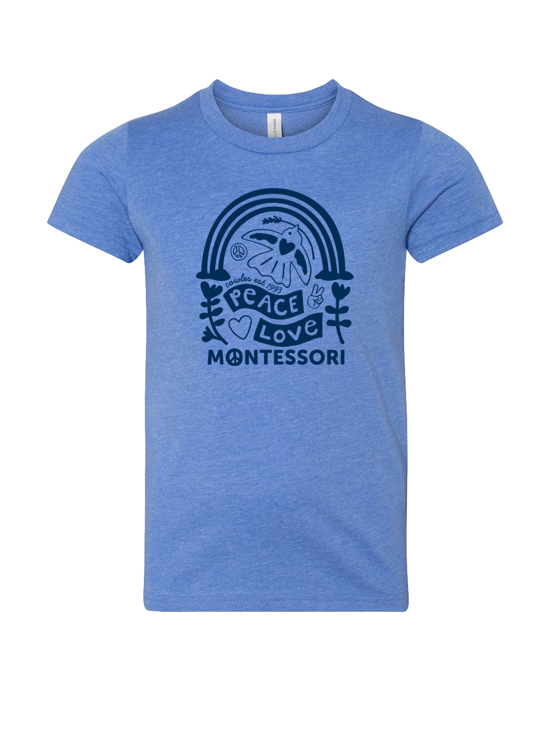"COWLES MONTESSORI / PEACE-LOVE-RAINBOW" Bella + Canvas Youth Jersey Tee - 3001Y