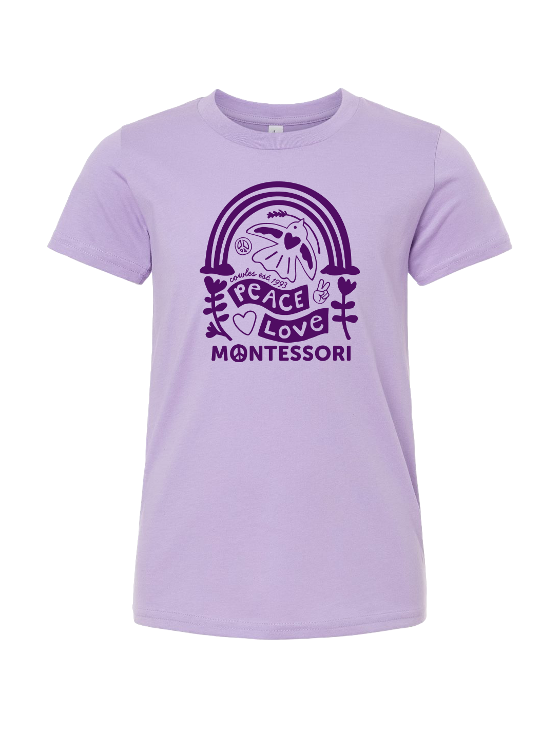 "COWLES MONTESSORI / PEACE-LOVE-RAINBOW" Bella + Canvas Youth Jersey Tee - 3001Y