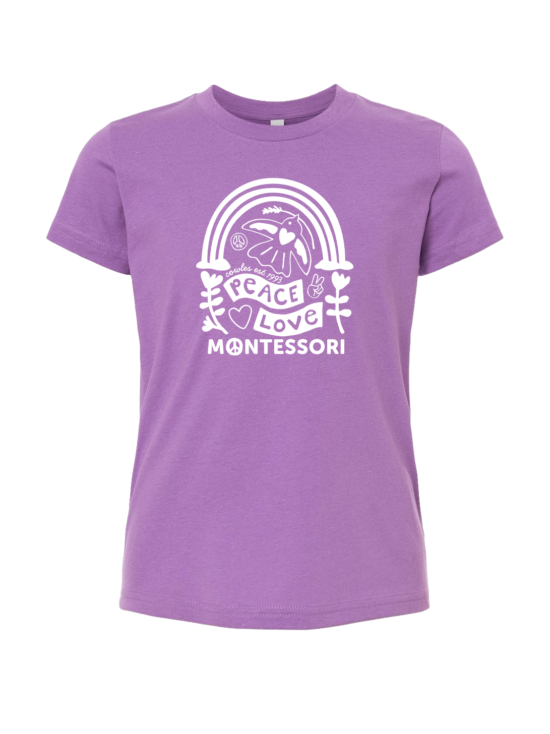 "COWLES MONTESSORI / PEACE-LOVE-RAINBOW" Bella + Canvas Youth Jersey Tee - 3001Y