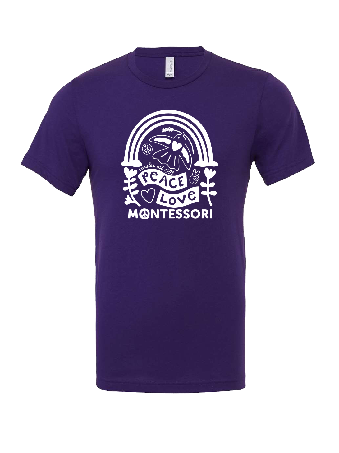 "COWLES MONTESSORI / PEACE-LOVE-RAINBOW" Bella + Canvas Unisex Jersey Tee - 3001