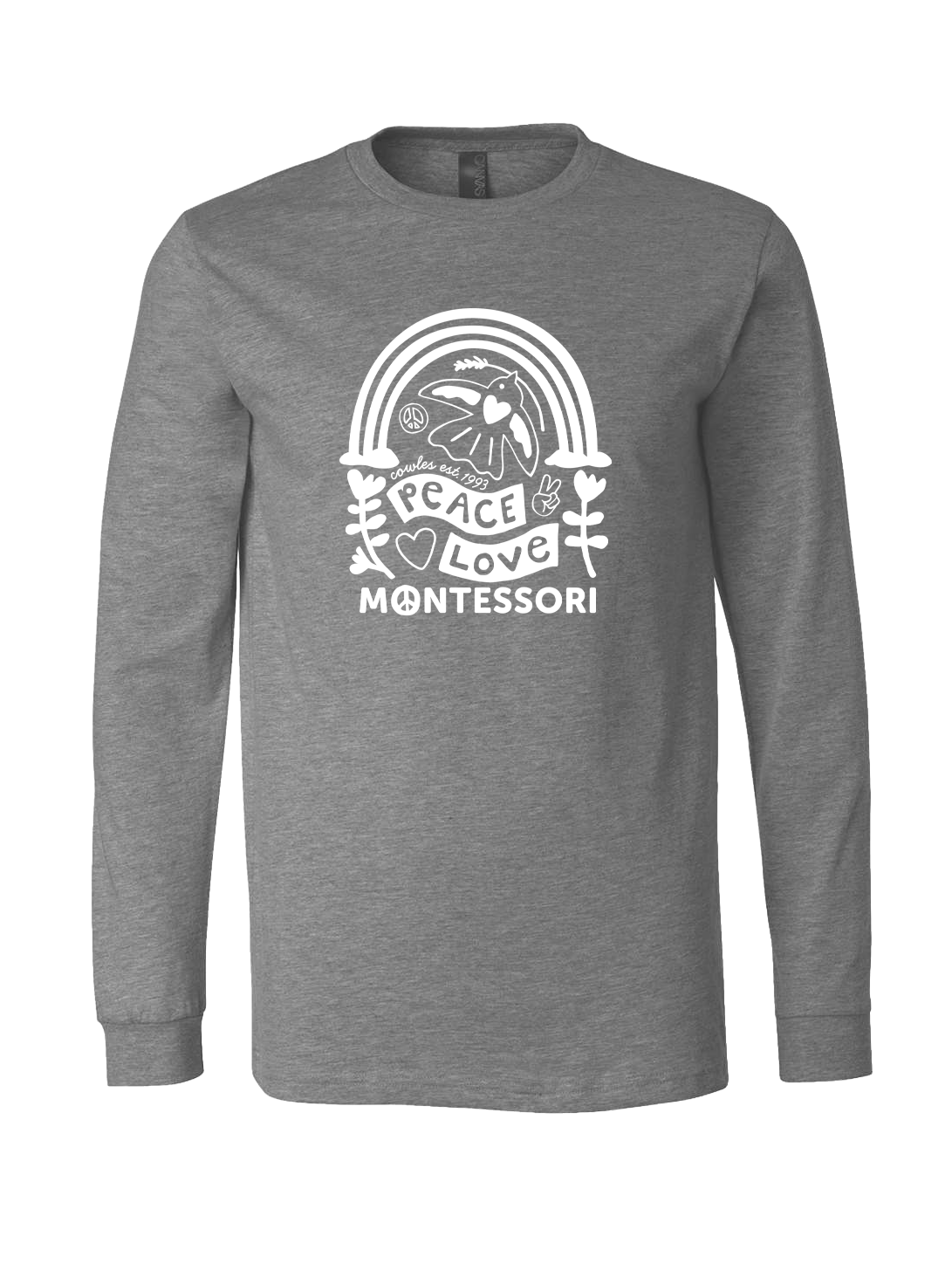 "COWLES MONTESSORI / PEACE-LOVE-RAINBOW" Bella + Canvas Heather Unisex Long Sleeve Tee - 3501