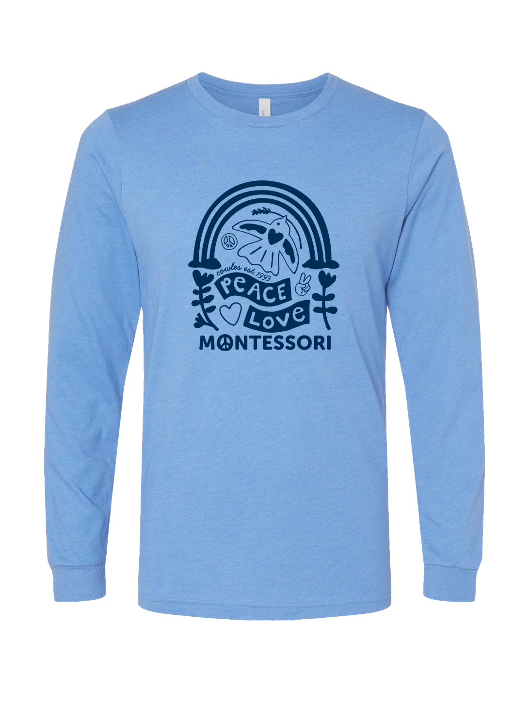 "COWLES MONTESSORI / PEACE-LOVE-RAINBOW" Bella + Canvas Heather Unisex Long Sleeve Tee - 3501