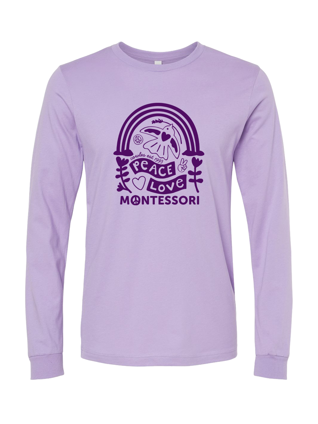 "COWLES MONTESSORI / PEACE-LOVE-RAINBOW" Bella + Canvas Heather Unisex Long Sleeve Tee - 3501