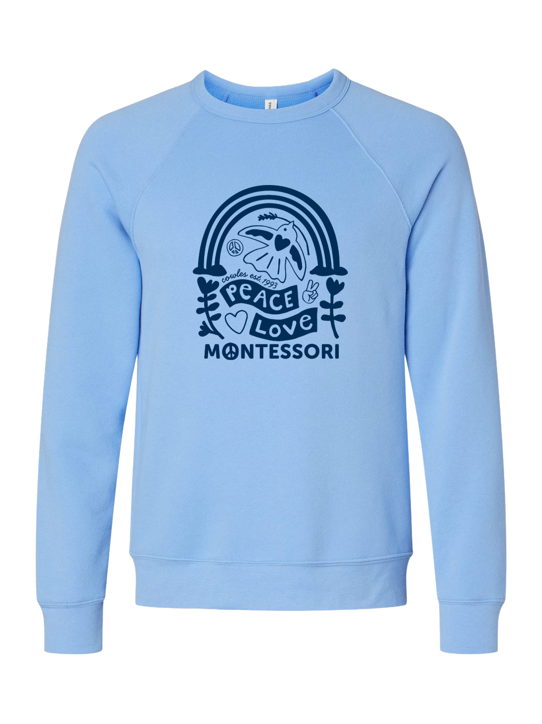 "COWLES MONTESSORI / PEACE-LOVE-RAINBOW" BELLA + CANVAS Unisex Sponge Fleece Raglan Crewneck Sweatshirt - 3901