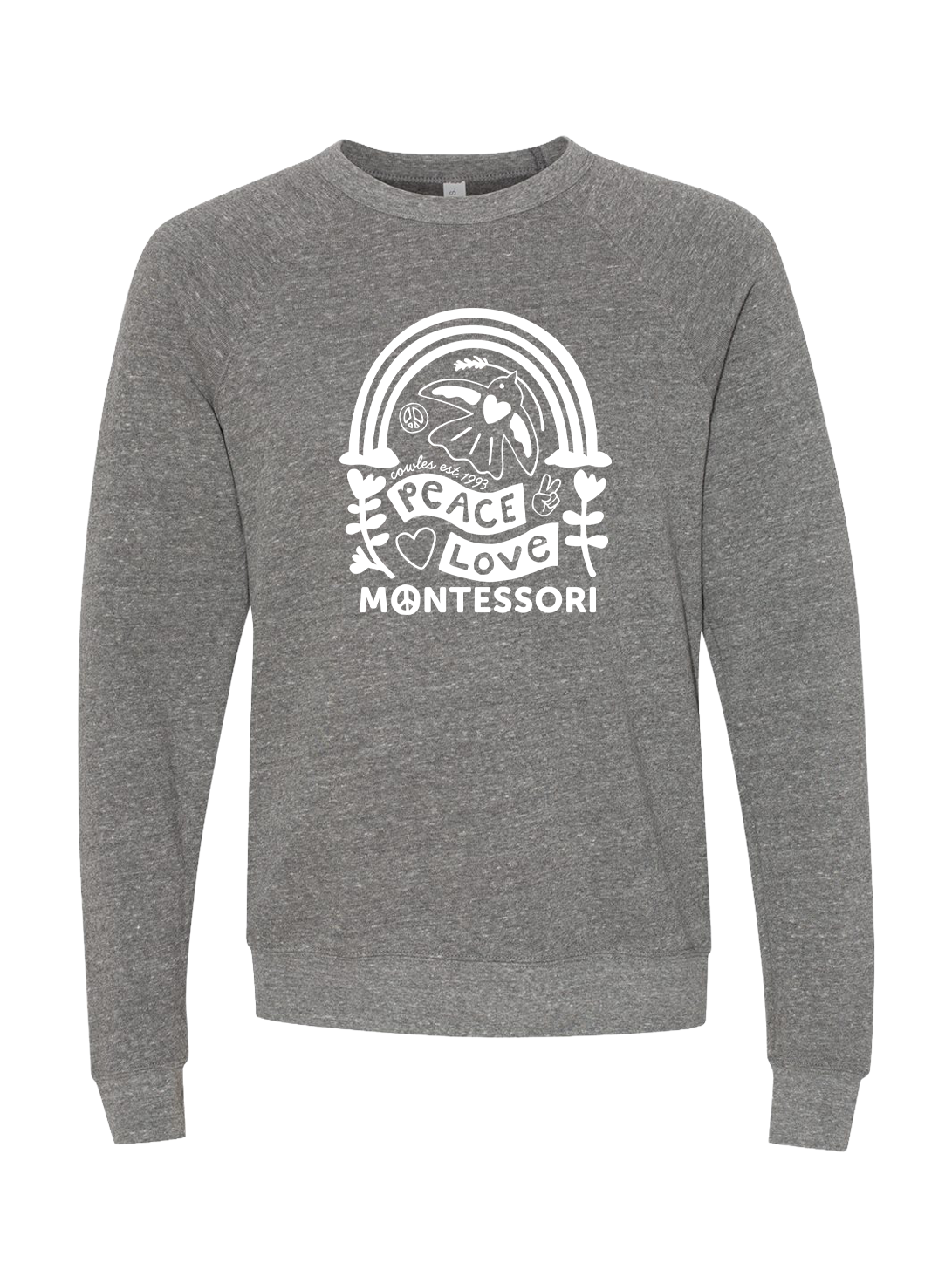 "COWLES MONTESSORI / PEACE-LOVE-RAINBOW" BELLA + CANVAS Unisex Sponge Fleece Raglan Crewneck Sweatshirt - 3901