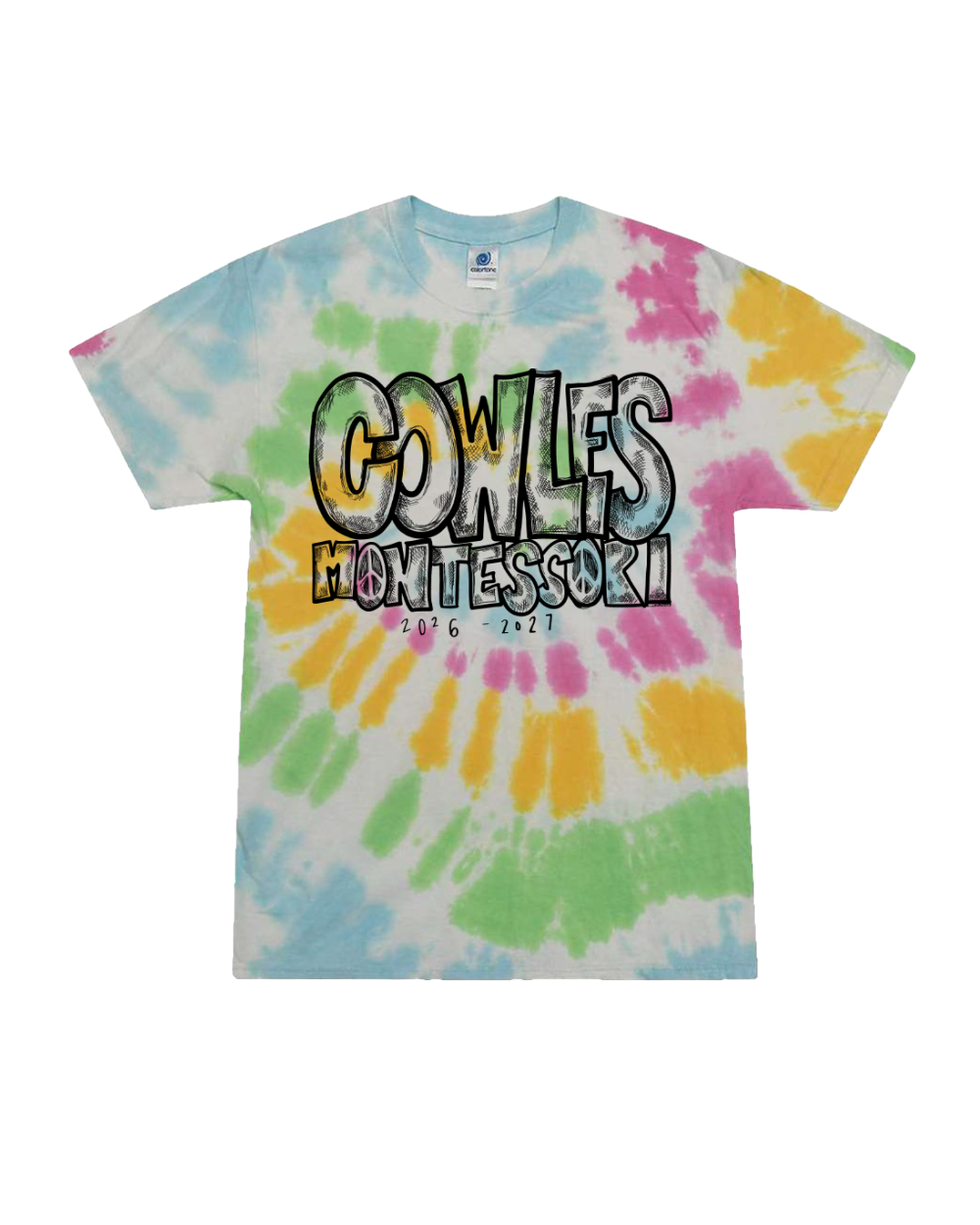 "COWLES MONTESSORI / PEACE-CROSSHATCH-TIE DIE" Colortone Youth Multi-Color Tie-Dyed T-Shirt - 1000Y