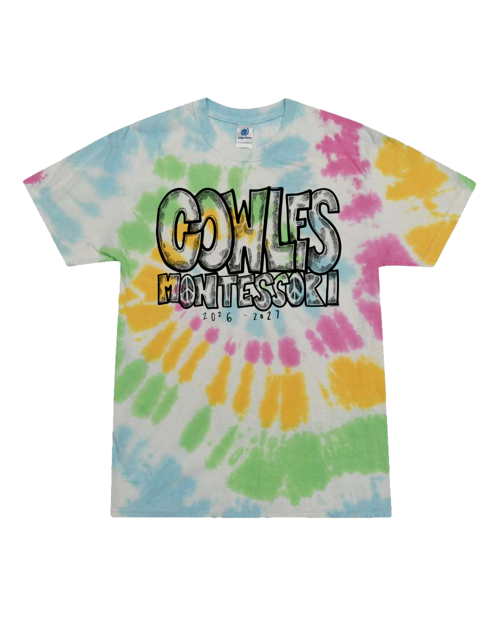"COWLES MONTESSORI / PEACE-CROSSHATCH-TIE DIE" Colortone Adult Unisex Multi-Color Tie-Dyed T-Shirt - 1000