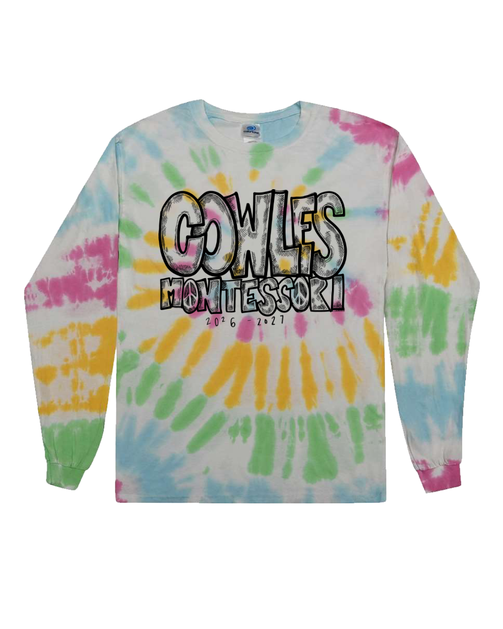 "COWLES MONTESSORI / PEACE-CROSSHATCH-TIE DIE" Colortone Youth Tie-Dyed Long Sleeve T-Shirt - 2000Y