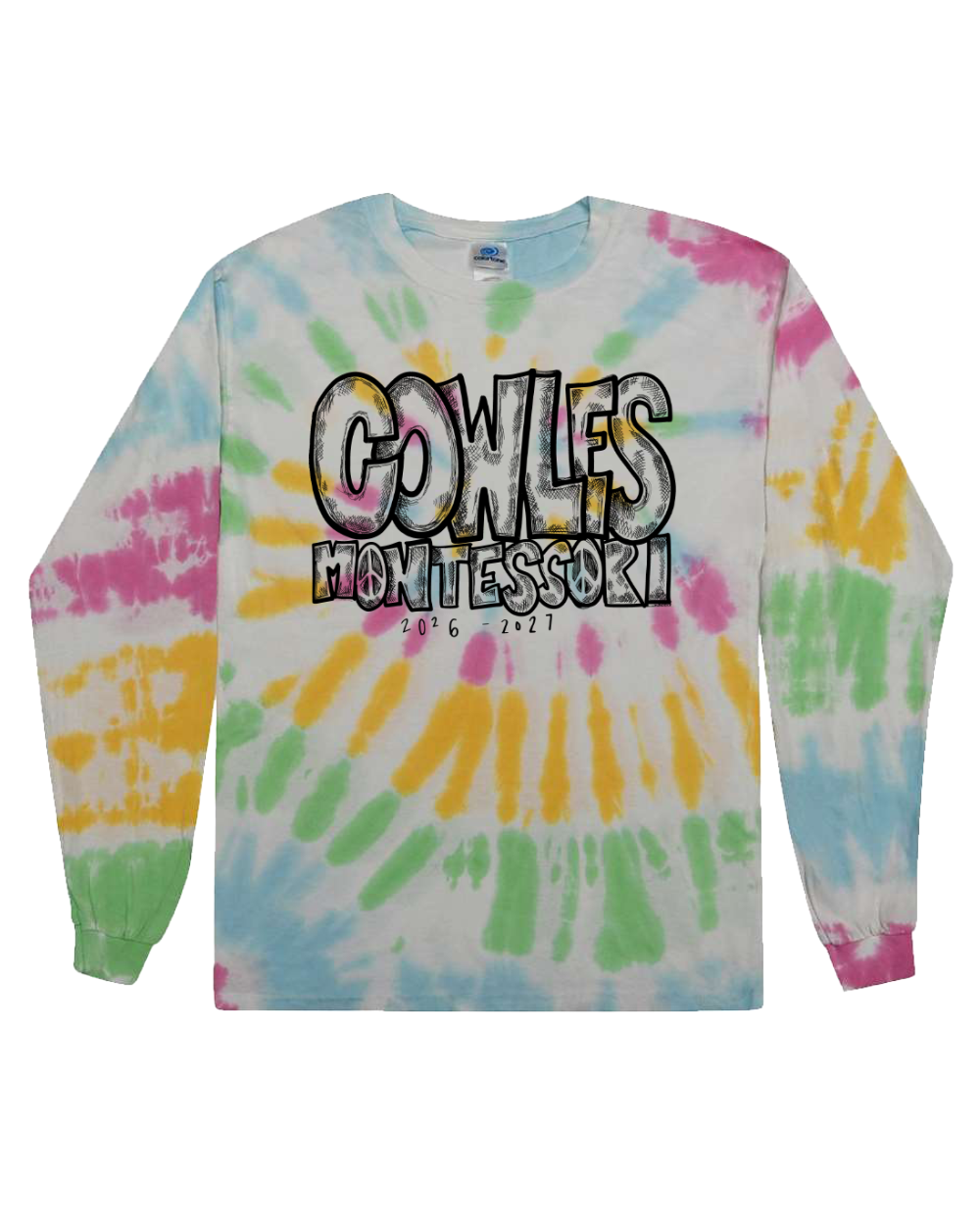 "COWLES MONTESSORI / PEACE-LOVE-RAINBOW" Colortone Adult Unisex Tie-Dyed Long Sleeve T-Shirt - 2000