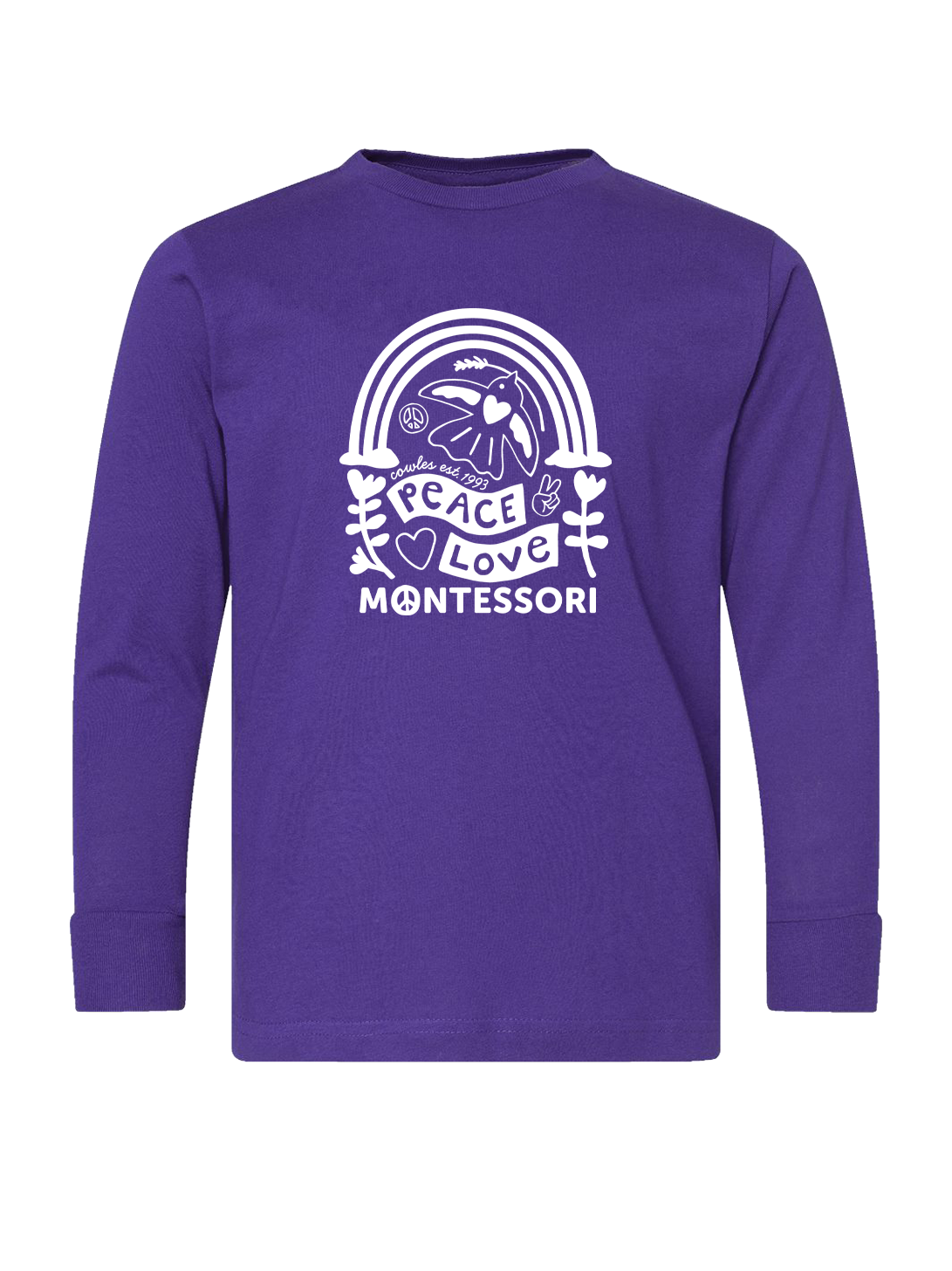 "COWLES MONTESSORI / PEACE-LOVE-RAINBOW" LAT Youth Fine Jersey Long Sleeve Tee - 6201