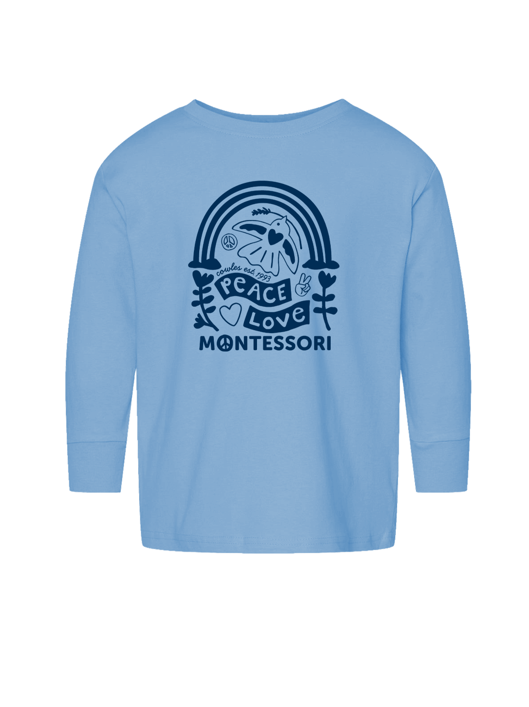 "COWLES MONTESSORI / PEACE-LOVE-RAINBOW" Port & Co® Youth Core Fleece Crewneck Sweatshirt. PC78Y