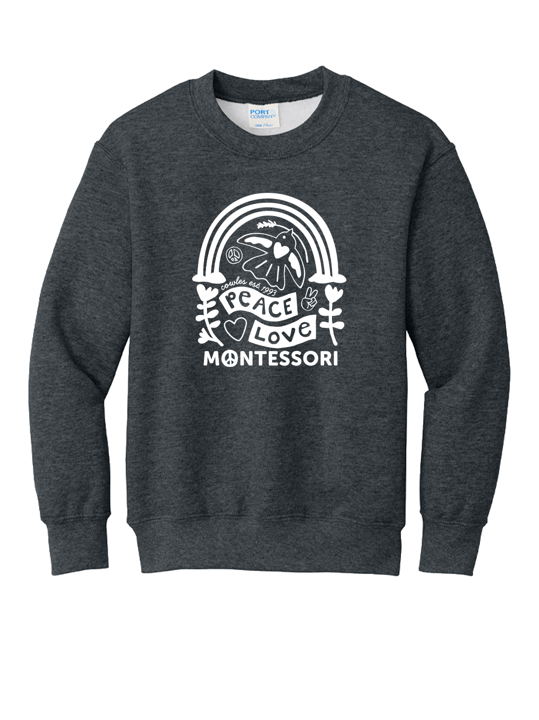 "COWLES MONTESSORI / PEACE-LOVE-RAINBOW" Port & Co® Youth Core Fleece Crewneck Sweatshirt. PC78Y