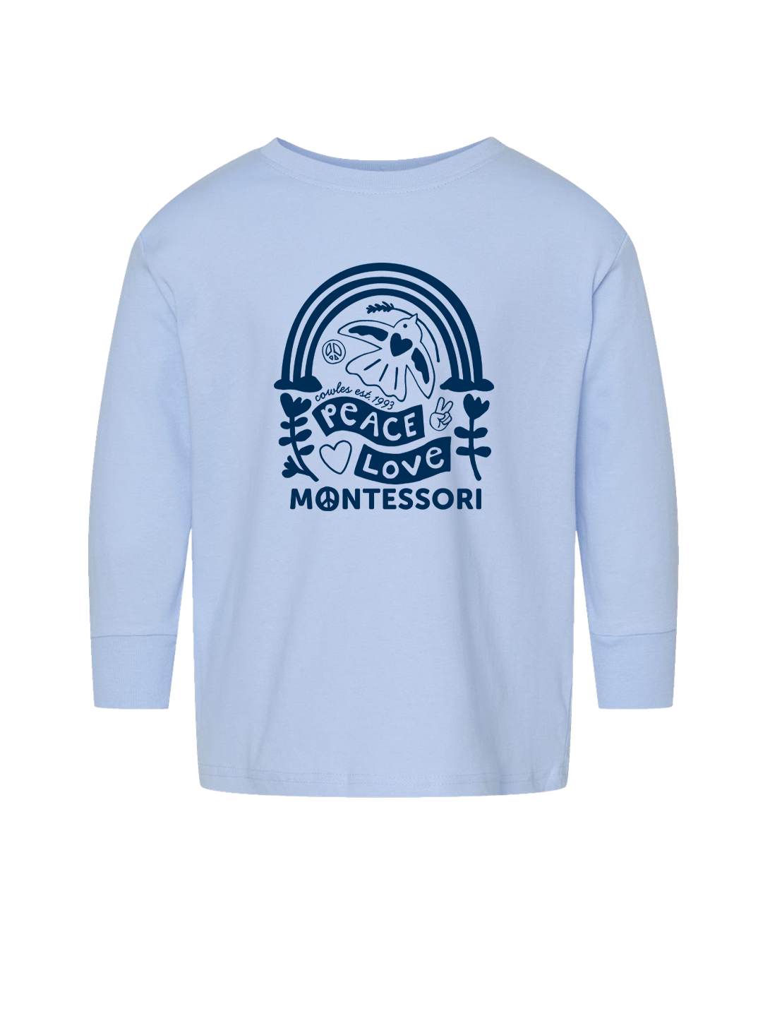 "COWLES MONTESSORI / PEACE-LOVE-RAINBOW" Rabbit Skins Toddler Fine Jersey Long Sleeve Tee - 3302