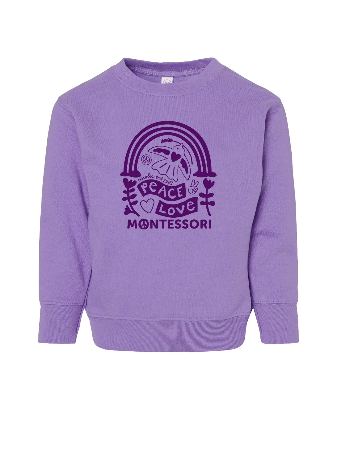 "COWLES MONTESSORI / PEACE-LOVE-RAINBOW" Rabbit Skins Toddler Fleece Crewneck Sweatshirt - 3317